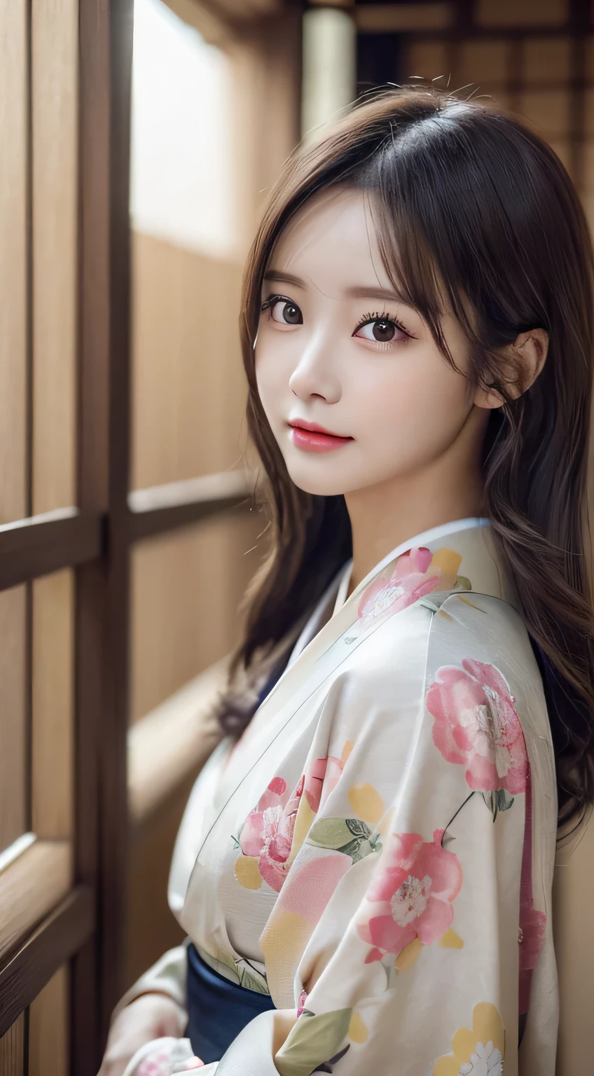((Kimono))、(age19、Lashes:0.5)、(top-quality,masterpiece:1.3,超A high resolution,),(ultra-detailliert,Caustics),(Photorealsitic:1.4,RAW shooting,)Ultra-realistic capture,A highly detailed,high-definition16Kfor human skin、 Skin texture is natural、The skin looks healthy with an even tone、 Use natural light and color、(One Woman)、japanes,,kawaii,A dark-haired,Middle hair,(depth of fields、chromatic abberation、Wide range of lighting、Natural Shading)
