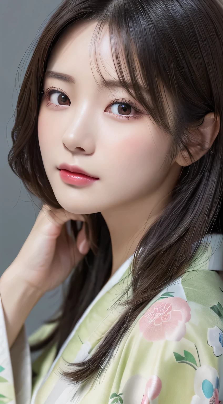 ((Kimono)）、(age19、Lashes:0.1)、(top-quality,​masterpiece:1.3,超A high resolution,),(ultra-detailliert,Caustics),(Photorealsitic:1.4,RAW shooting,)Ultra-realistic capture,A highly detailed,high-definition16Kfor human skin、 Skin texture is natural、The skin looks healthy with an even tone、 Use natural light and color、(One Woman)、japanes,,kawaii,A dark-haired,Middle hair,(depth of fields、chromatic abberation、Wide range of lighting、Natural Shading)