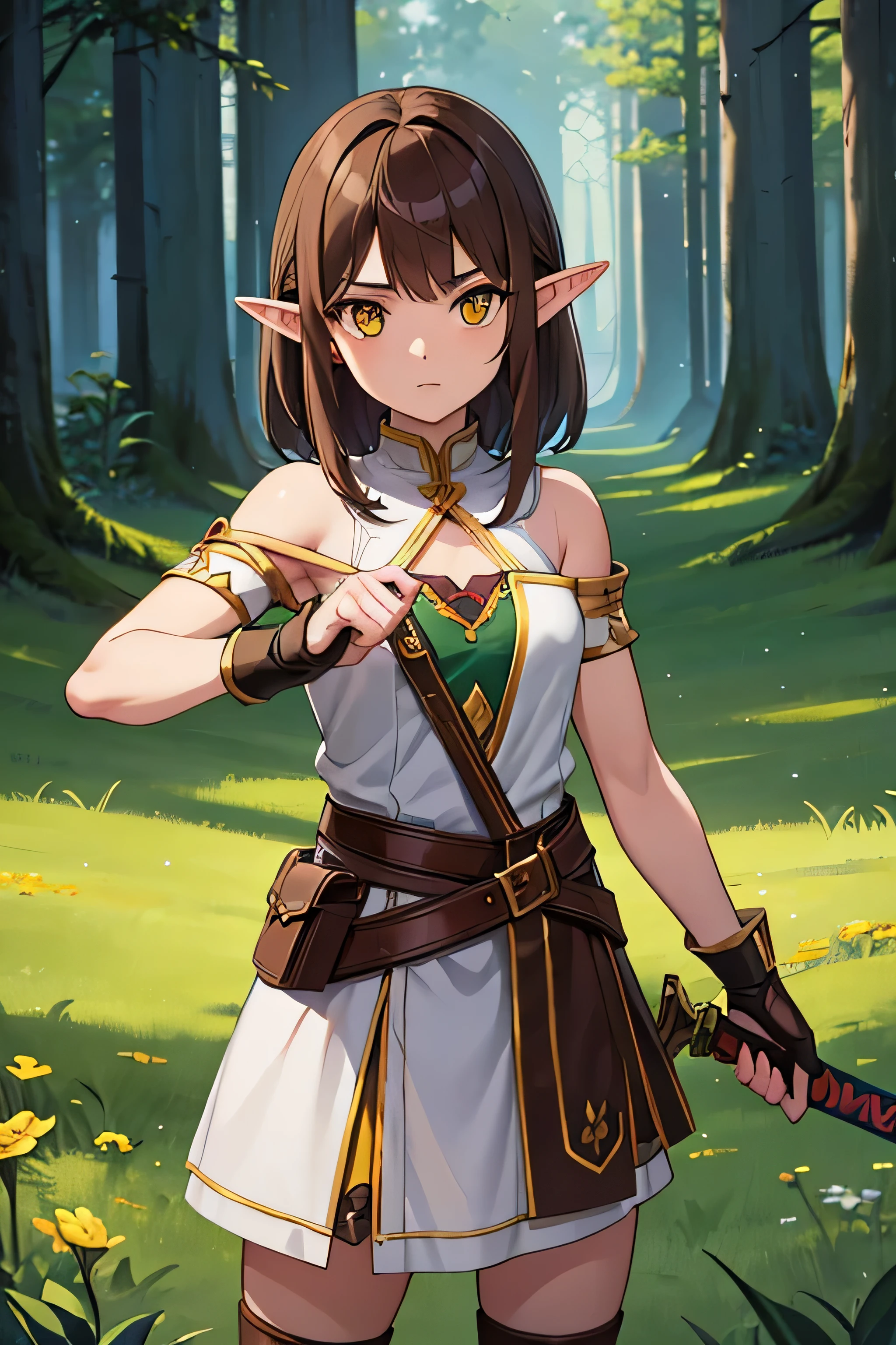 An elf girl with a tiny body and brown hair, yellow eyes, and a flat chest. She is wearing casual cloths and holding a sword in each hand. The girl is looking at a person offscreen. The image should be of absurd resolution and high detail. It should be ultra-sharp and available in 8K resolution, representing a masterpiece in image quality.
