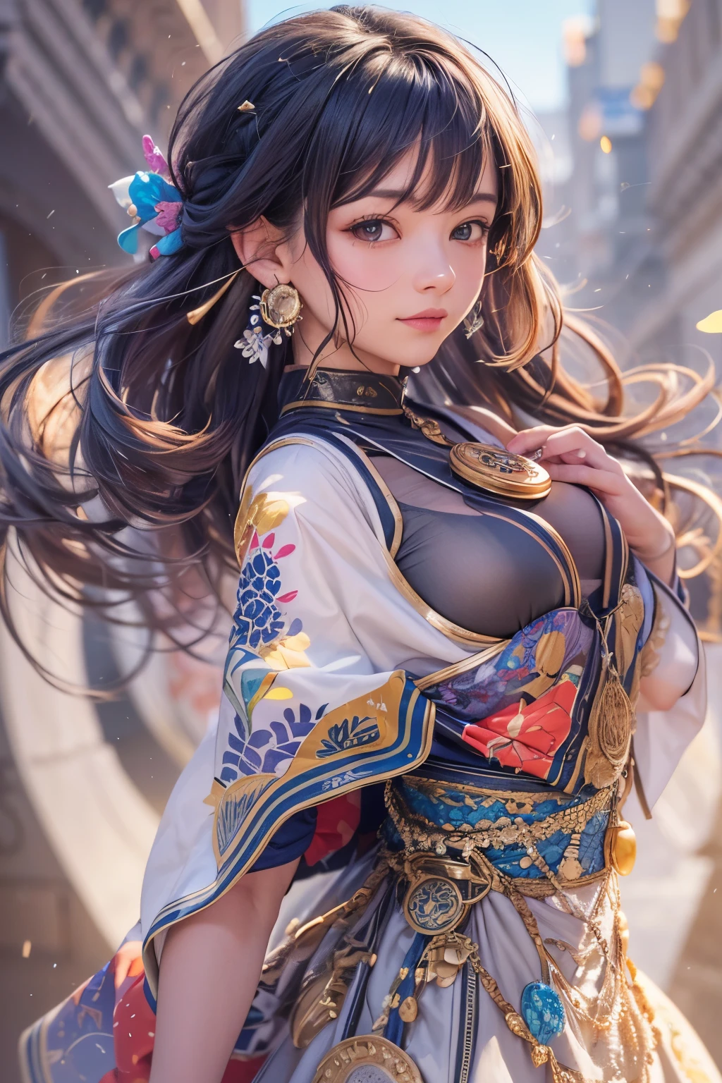 solo, woman, colorful outfit, black hair, long hair, floating hair, shiny hair, jewelry, light smile, detailed beautiful face and eyes, vivid color, cinematic lighting, jpeg artifacts, Eye-Level Shot, drop shadow, depth of field, hyperrealism, Ghibli-like colours, atmospheric perspective, tachi-e, masterpiece, retina, ccurate, best quality, highres, 4K, super detail