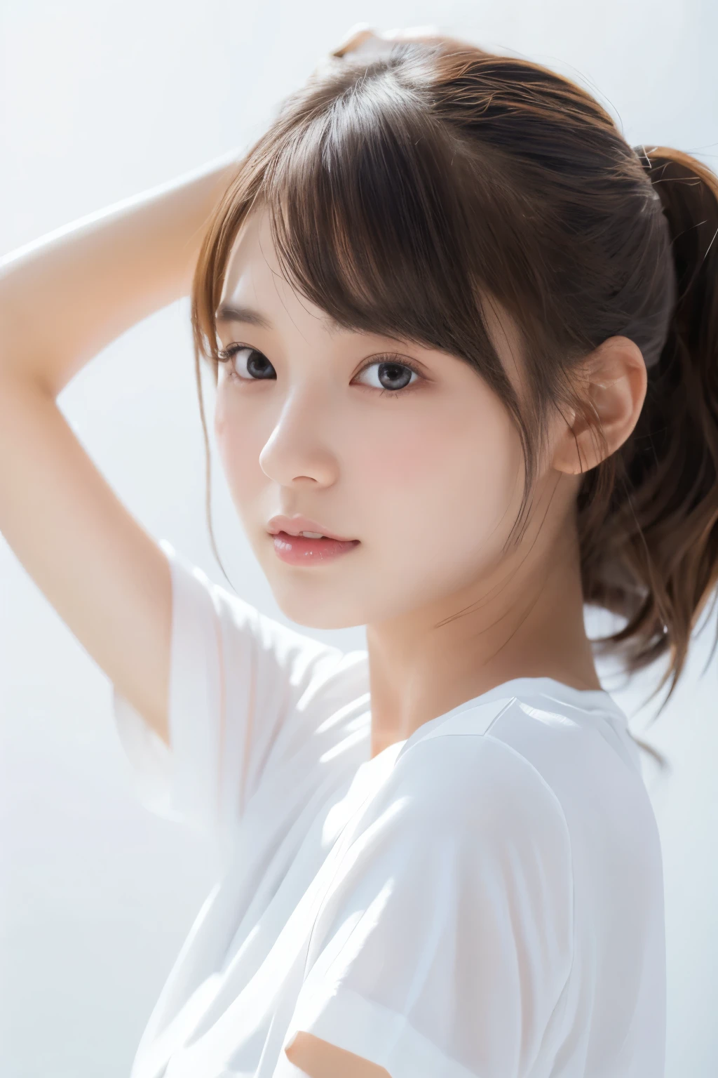 Young japanese lady, 30s, White background, It features a simple背景, white-brown hair, slender, 4K, in 8K, High quality, Beauty, Beautiful eyes, It features a simple, High resolution,1 person,Beautiful skins,Beautiful skin,Wearing a white T-shirt