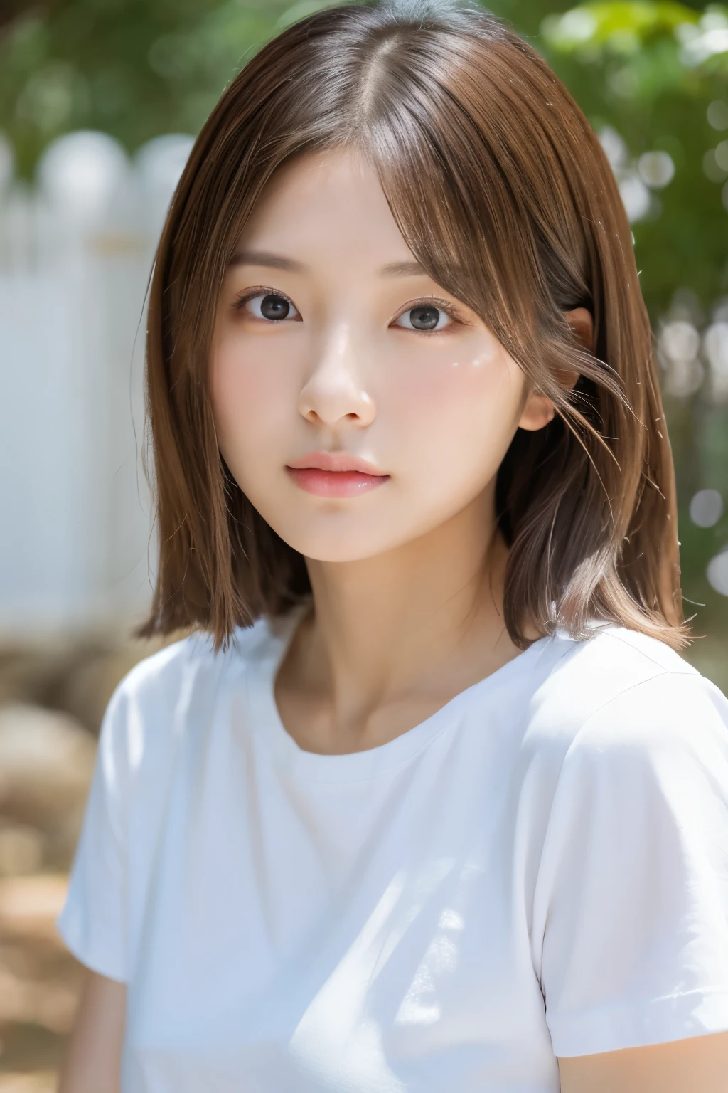Young japanese lady, 30s, White background, It features a simple背景, white-brown hair, slender, 4K, in 8K, High quality, Beauty, Beautiful eyes, It features a simple, High resolution,1 person,Beautiful skins,Beautiful skin,Wearing a white T-shirt