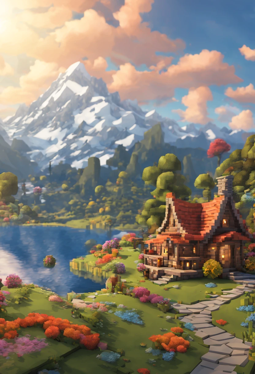 minecraft style (Ultrarealistic:1.3), Big (fairy tail) cabin with round windows, environmental artwork, environmental art, Elegant décor, feast, lb, (Fishing), (Beautiful:1.4), (Attractive:1.3), Magnificent snowy mountains, windy summer nature, blocky, pixelated, Vibrant colors, (Dragon in the sky), Flowers