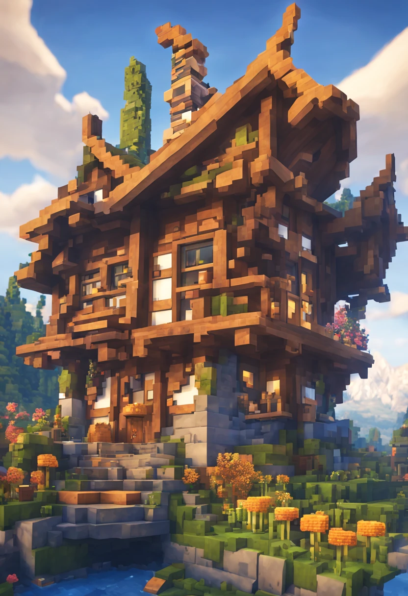 minecraft style (Ultrarealistic:1.3), Big (fairy tail) cabin with round windows, environmental artwork, environmental art, Elegant décor, feast, lb, (Fishing), (Beautiful:1.4), (Attractive:1.3), Magnificent snowy mountains, windy summer nature, blocky, pixelated, Vibrant colors, (Dragon in the sky), Flowers