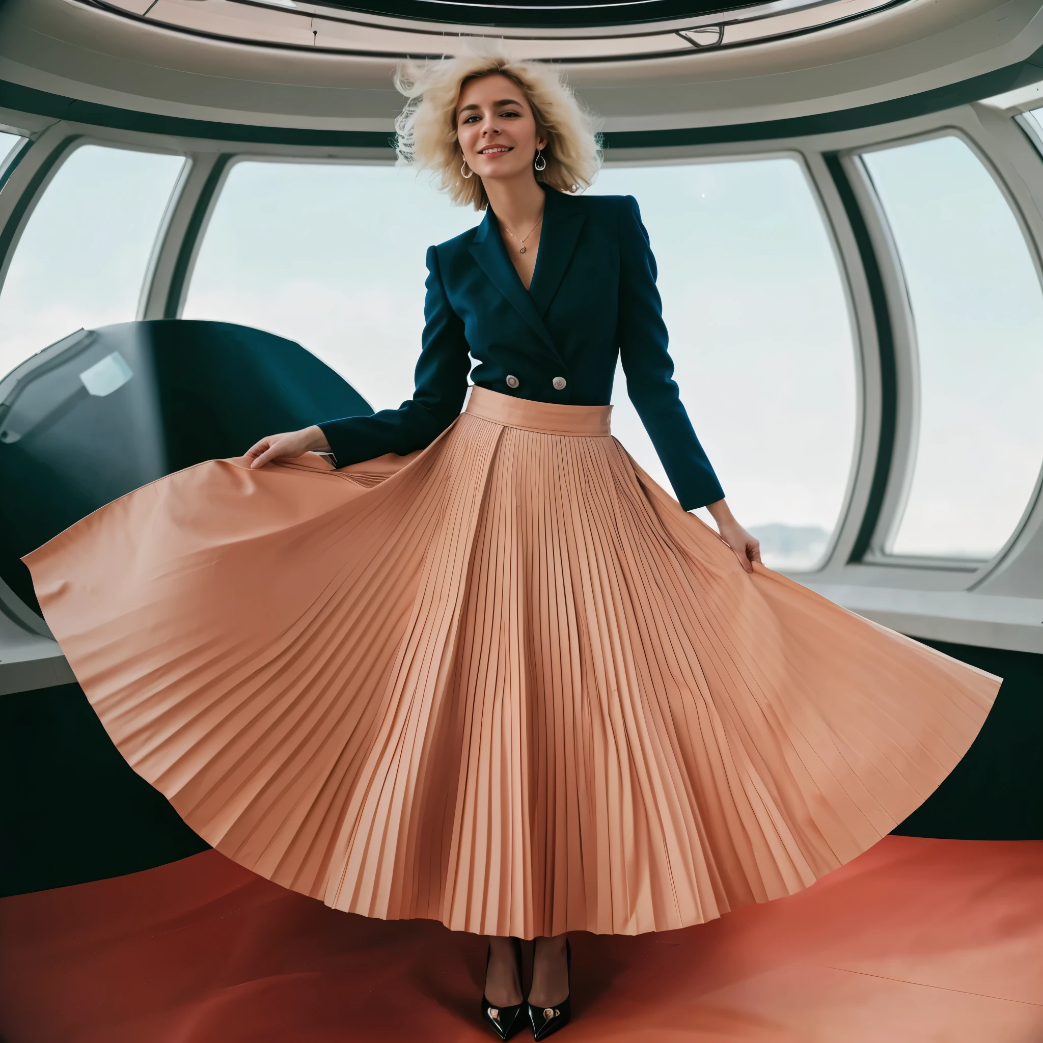 (authentic:1,1) (shy:1,2) smiling:1,1) woman wearing very detailed (long (pleated) full circle skirt) and (low heeled office shoes), very intricate hyper-detailed symmetric (attractive graceful feminine face) with (sad, tired eyes and a shy smile), large breasts, full of empathy and compassion and love, (pronounced (feminine) features), (highly detailed ultra accurate realistic) hands and fingers, (windy conditions and wind blowing), epic composition, highly detailed attributes, highly detailed space station background, (35mm f1.4 Kodak portra 400 photograph), extremely high quality RAW photograph,