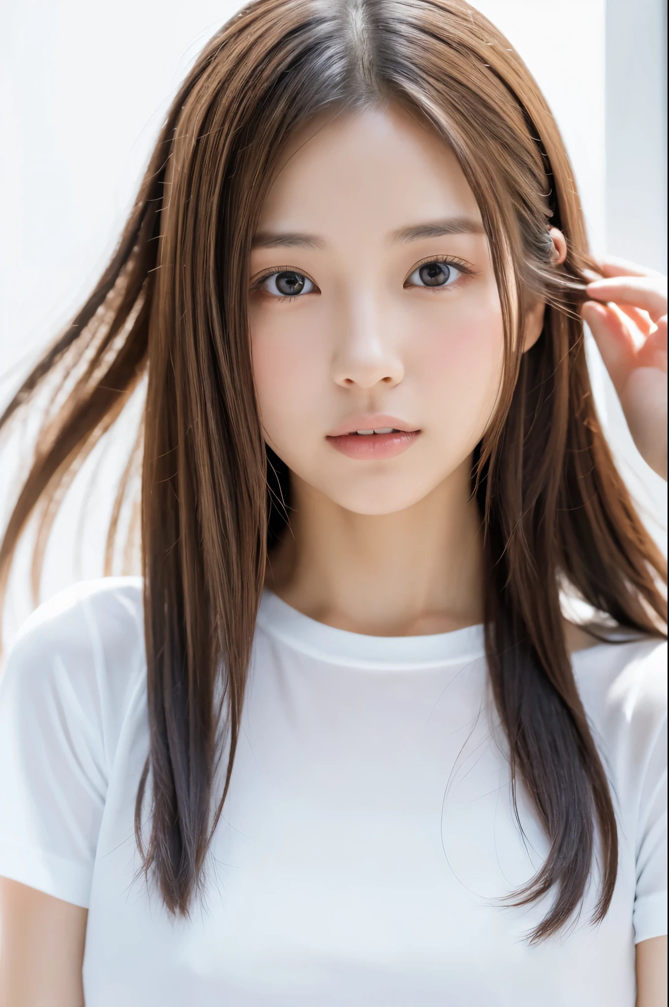 Young japanese lady, 30s, White background, It features a simple背景, white-brown hair, slender, 4K, in 8K, High quality, Beauty, Beautiful eyes, It features a simple, High resolution,1 person,Beautiful skins,Beautiful skin,Wearing a white T-shirt