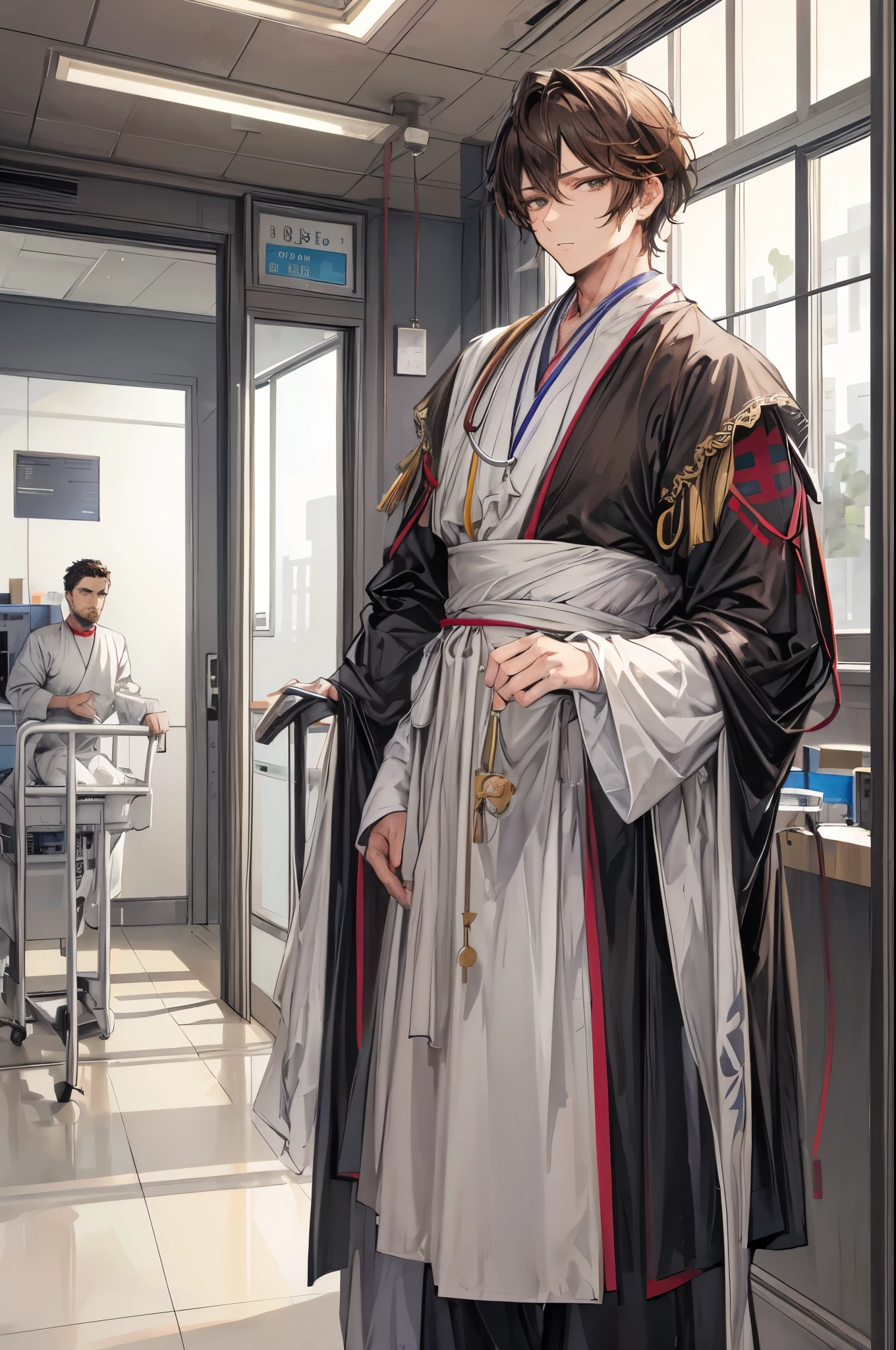 (flat color:1.1),(masterpiece:1.2), best quality, masterpiece, original,short brown hair (mature, handsome man looking at the camera at a hospital:1.2), medieval male nurse