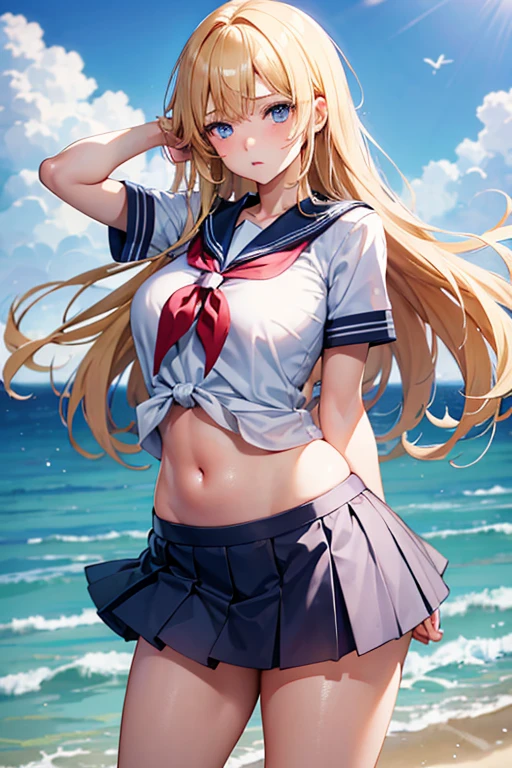 expressionless, girl, sailor fuku, short skirt, short sleeves, voluptuous, look at viewer, wind blows, long blonde hair, blue eyes, thick lips, 
squinted eyes, navel, summer, tying her hair