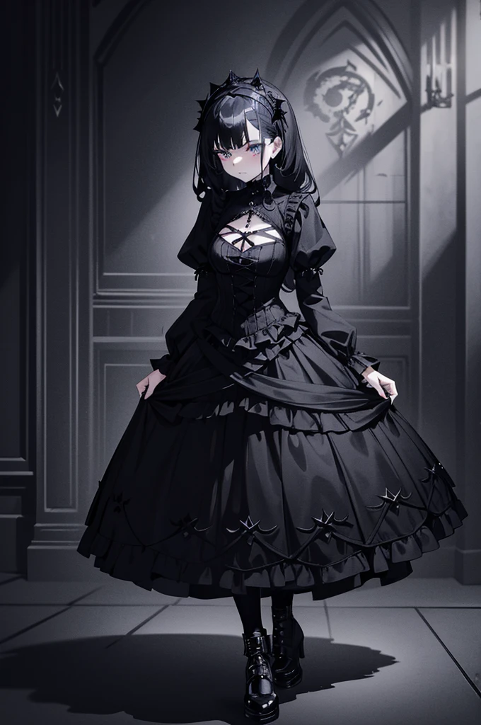 a woman in a black dress and stockings posing for a picture, wearing a gothic dress, black gothic lolita dress, fantasy outfit, gothic dress, dark gothic dress, gothic outfit, witchcore clothes, dark dress, gothic clothes, gothic aesthetic, goth aesthetic, goth punk clothes, wearing modern gothic clothes, black leather slim clothes, goth style, dark astral dress