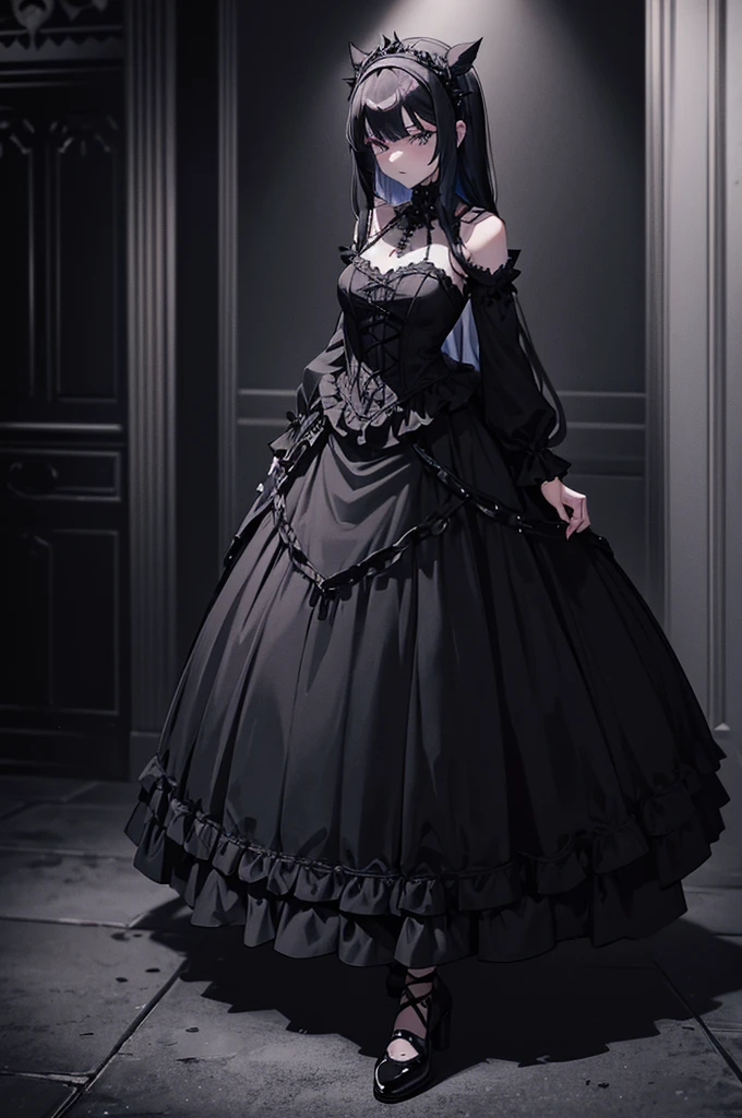 a woman in a black dress and stockings posing for a picture, wearing a gothic dress, black gothic lolita dress, fantasy outfit, gothic dress, dark gothic dress, gothic outfit, witchcore clothes, dark dress, gothic clothes, gothic aesthetic, goth aesthetic, goth punk clothes, wearing modern gothic clothes, black leather slim clothes, goth style, dark astral dress