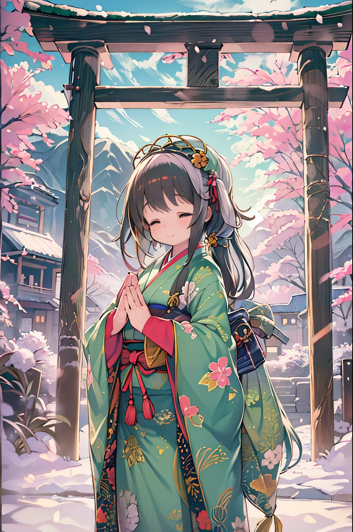 huge-breasted、kawaii、(Sunny Clothes)、torii gate、{{close up to face}}、eye closed、bbw、thick thight、big butts、Ultramammy, Winter days, Anime Background Art, japanese art style, beautiful anime scene,detailed scenery - width 672, Background art, Anime landscapes, Anime Background, Beautiful anime scenery, Beautiful peace scenes in anime, landscape artwork, Japan Village, Anime landscapesコンセプトアート, 8K))、New Year’s Day、1 moon、Pray、Praying to God with palms togethecing front