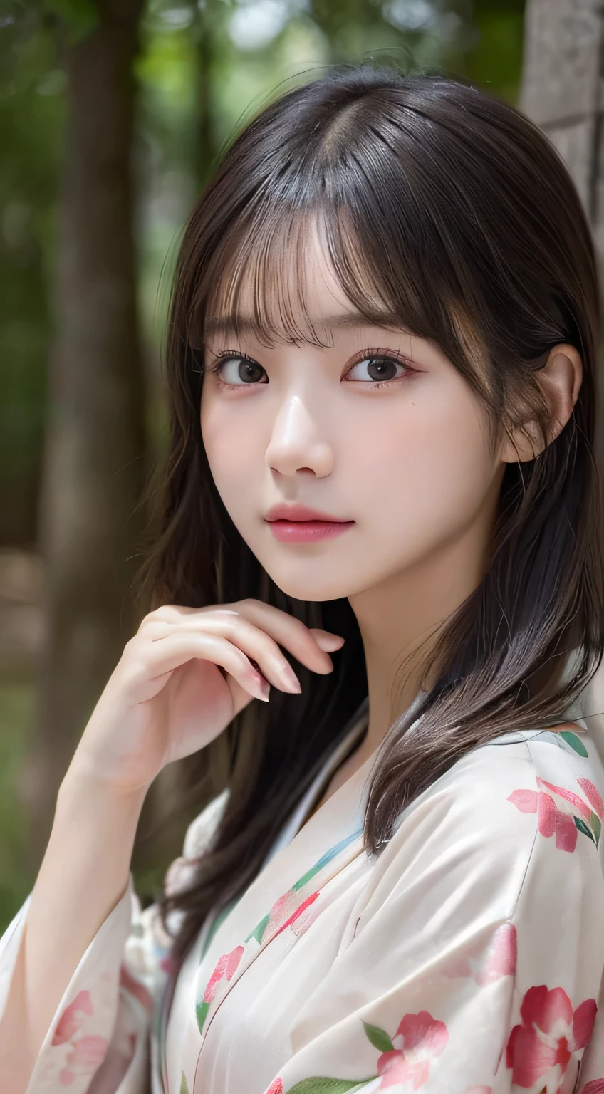 (Kimono with fine details)、(age19、no-makeup)、、(top-quality,masterpiece:1.3,超A high resolution,),(ultra-detailliert,Caustics),(Photorealsitic:1.4,RAW shooting,)Ultra-realistic capture,A highly detailed,high-definition16Kfor human skin、 Skin texture is natural、、The skin looks healthy with an even tone、 Use natural light and color、(One Woman)、japanes,,kawaii,A dark-haired,Middle hair,(depth of fields、chromatic abberation、、Wide range of lighting、Natural Shading、)、