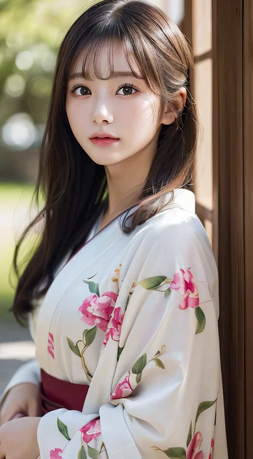 (Kimono with fine details)、(age19、no-makeup)、、(top-quality,masterpiece:1.3,超A high resolution,),(ultra-detailliert,Caustics),(Photorealsitic:1.4,RAW shooting,)Ultra-realistic capture,A highly detailed,high-definition16Kfor human skin、 Skin texture is natural、、The skin looks healthy with an even tone、 Use natural light and color、(One Woman)、japanes,,kawaii,A dark-haired,Middle hair,(depth of fields、chromatic abberation、、Wide range of lighting、Natural Shading、)、