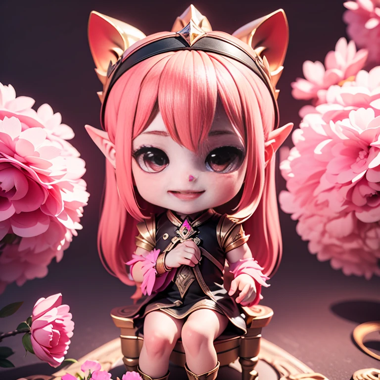 Cute  Chibi selena mobile legend,(((Chibi 3D))) (Best Quality) (Master Price)、(Chibi :1.3)、Sitting on smoky pink flowers、specimen、houseplant、Open your mouth and smile、Jewelry Decoration Costumes