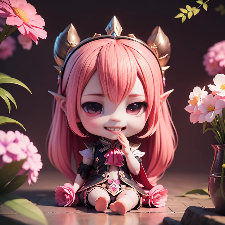 Cute Baby Chibi selena mobile legend,(((Chibi 3D))) (Best Quality) (Master Price)、(Chibi :1.3)、Sitting on smoky pink flowers、specimen、houseplant、Open your mouth and smile、Jewelry Decoration Costumes