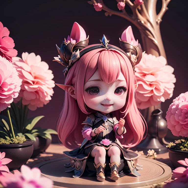 Cute Baby Chibi selena mobile legend,(((Chibi 3D))) (Best Quality) (Master Price)、(Chibi :1.3)、Sitting on smoky pink flowers、specimen、houseplant、Open your mouth and smile、Jewelry Decoration Costumes