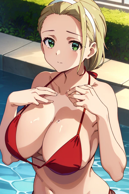 ((​masterpiece、top-quality、detaile、hight resolution、extremely delicate and beautiful, anime screen cap, anime colours))、(red Micro Bikini:1.3)、(huge drooping breasts:1.5), (Leaning forward:1.8, front view:1.5, Downblouse), akebi sasaki, hairband, 1girl, (15 years old), dark green eyes, (cleavage, Hands down:1.3, Upper body:1.5), Beauty details of breasts and eyes, Shiny skin)), in poolside, Sweat