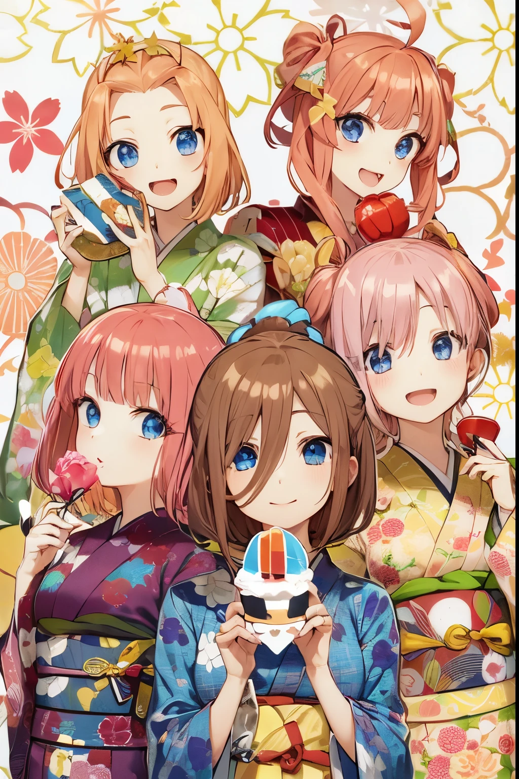 Quintessential quintuplets dressed up in yukatas, smiling, cute ecpressions, sweet faces. Masterpiece, 4k, extremely detailed