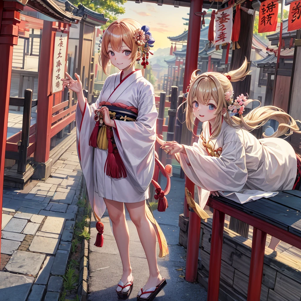 ((masutepiece)),((Best Quality)),((high detailing)),((Best fingers)) 、cute little、femele、Join hands and visit the shrine、kimono
