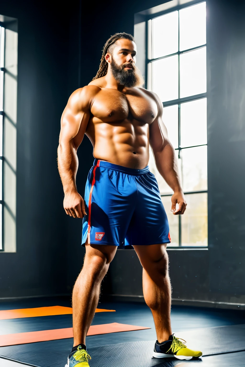 Robust athlete man, upper body revealed, legs uncovered from thighs to feet, bearded with beaded accents, flowing long curls, meticulous muscle definition, lifelike representation, 4K quality. Background: Gymnasium with weights and exercise equipment.,32k uhd, best quality, masterpiece, super detail, high details