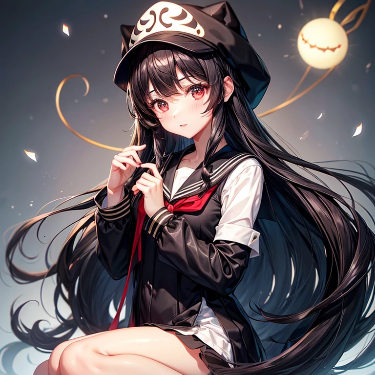 A dark-haired、Long、Black sailor suit、a beauty girl、bow ribbon、knit hat、red eyes、kawaii、schools