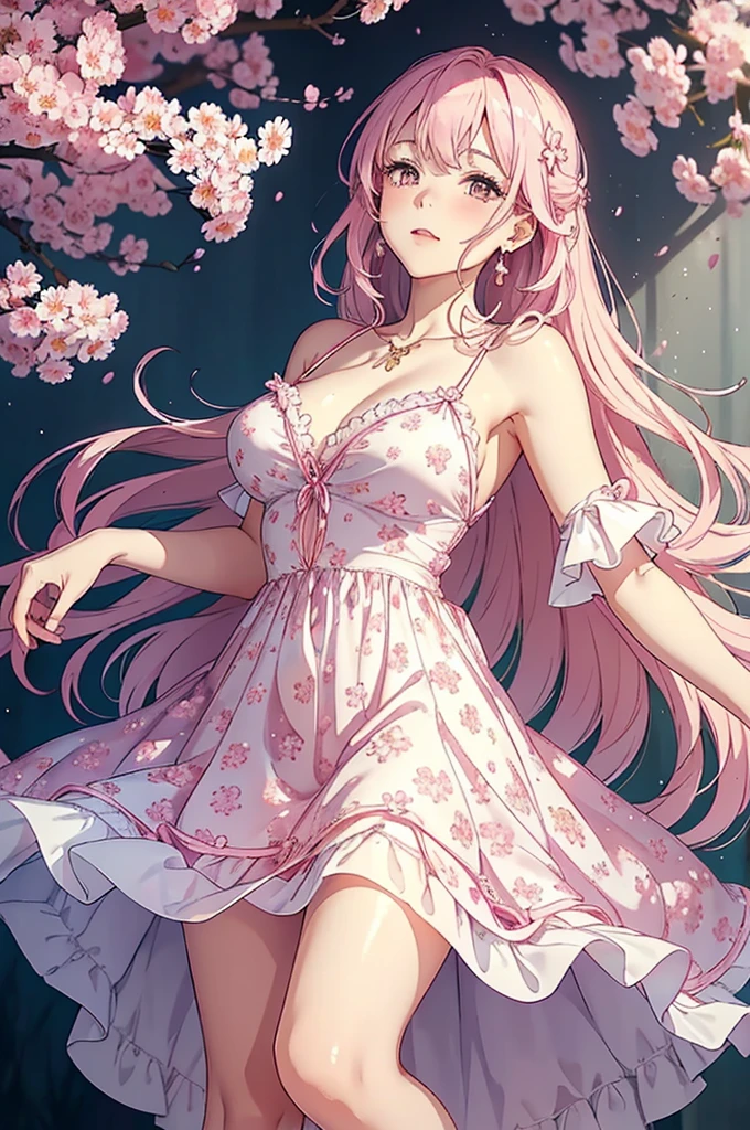 there is a woman in a dress that is standing on a bed, opened dress, soft silk dress, romantic dress, light half opened dress, wearing an elegant dress, flowing dress, flowing sakura silk, beautiful silky dress, beautiful soft silky dress, 🤬 🤮 💕 🎀, wearing pink floral gown, wearing dress, wearing a flowing dress, beautiful aesthetic