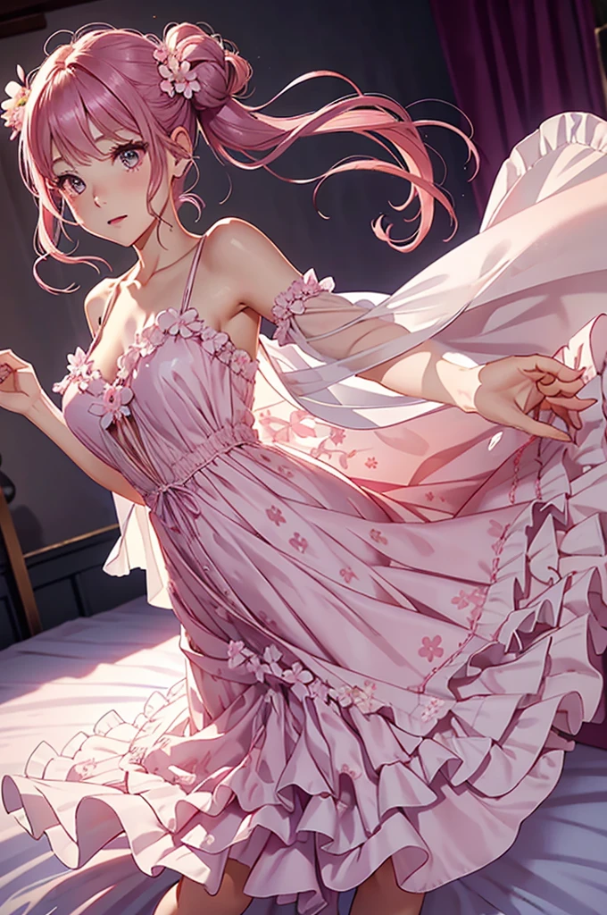 there is a woman in a dress that is standing on a bed, opened dress, soft silk dress, romantic dress, light half opened dress, wearing an elegant dress, flowing dress, flowing sakura silk, beautiful silky dress, beautiful soft silky dress, 🤬 🤮 💕 🎀, wearing pink floral gown, wearing dress, wearing a flowing dress, beautiful aesthetic