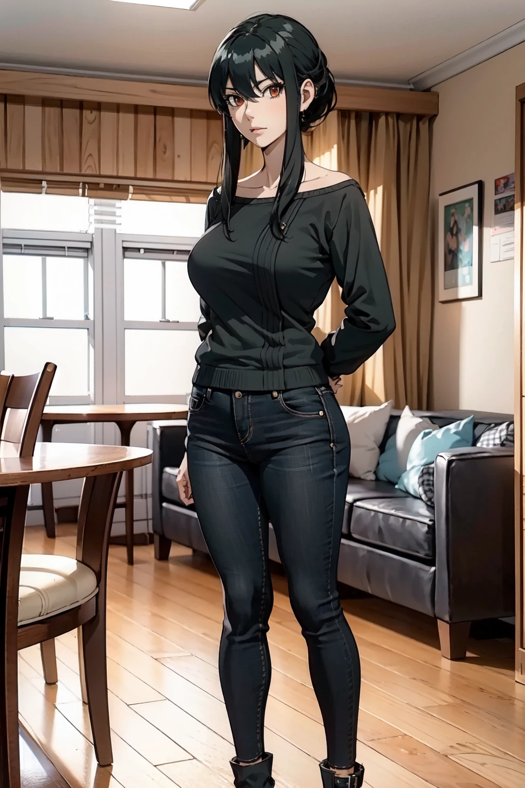 ((best quality)), ((Meisterwerk)), (Detailliert), Perfektes Gesicht((best quality)), ((Meisterwerk)), (Detailliert), Perfektes Gesicht(best quality)), ((Meisterwerk)), (Detailliert), Perfektes Gesicht(best quality)), ((Meisterwerk)), (Detailliert), Perfektes Gesicht,stunning realistic, photorealistic, photorealism, 1 girl,Yor forger,black hair,red eyes,big boobs,cropped sweater,skinny jeans,standing in a livingroom, arms behind back, full body