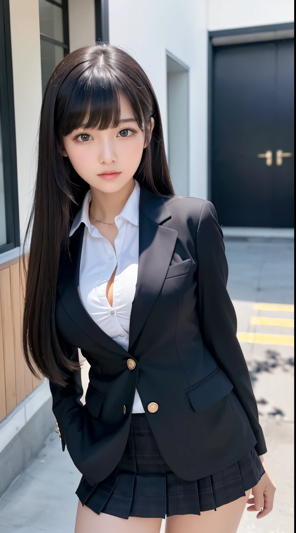 ((Best Quality)), ((masutepiece)), (Detailed), (highlight), Perfect face　Young girl with detailed face showing cleavage、Long, thick, shiny, beautiful black hair with blunt bangs、Single-color background、Standing wearing school uniform with blazer and miniskirt、