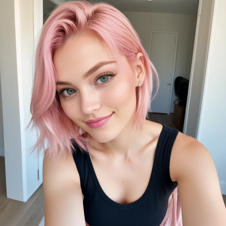 23 years old,beautiful girl with medium pink hair, taking selfie, upper half