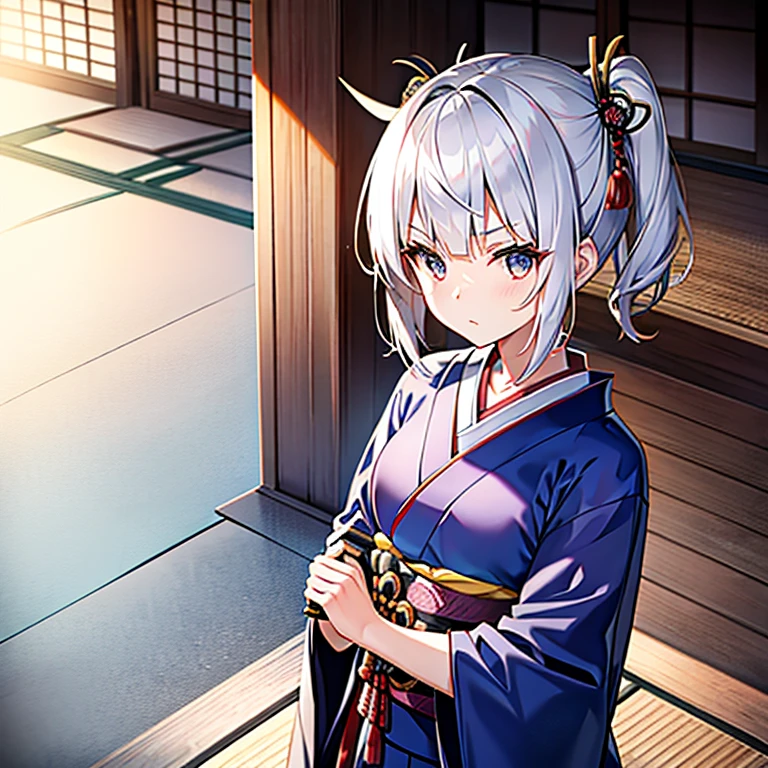 short-hair　Silvery hair　Samurai　Kimono　teens girl　kawaii faces　long blade Japanese sword　Iaigiri posture for one person