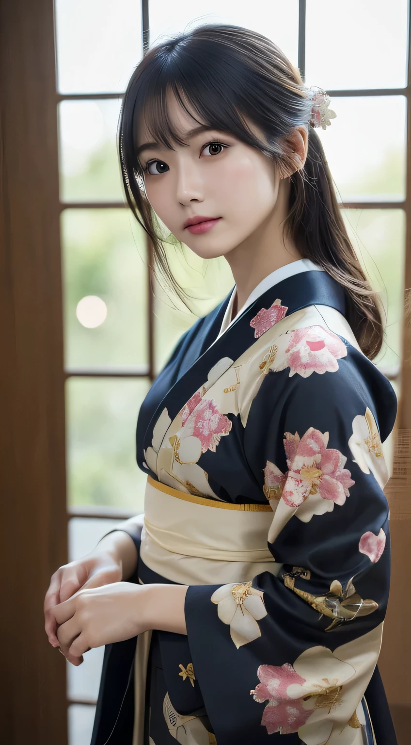 (Kimono,19)、(top-quality,​masterpiece:1.3,超A high resolution,),(ultra-detailliert,Caustics),(Photorealsitic:1.4,RAW shooting),Ultra-realistic capture,A highly detailed,high-definition16Kfor human skin、 Skin texture is natural、The skin looks healthy with an even tone、 Use natural light and color、 Anatomically correct、One Woman,japanes,,kawaii,A dark-haired,Middle hair,(depth of fields、chromatic abberation、Wide range of lighting、Natural Shading)