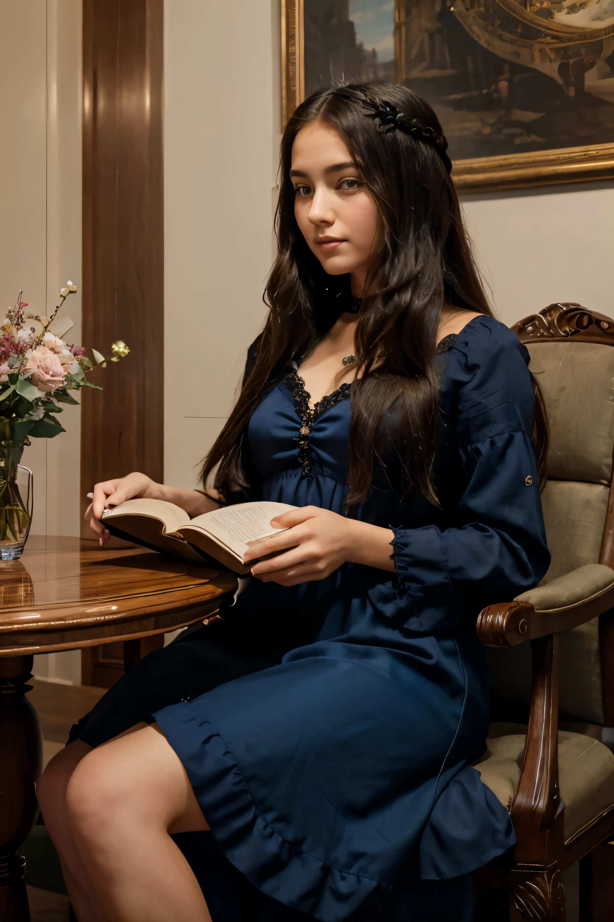 Masterpiece, best quality, {best quality}, {{masterpiece}}, {highreield field}}, extremely detailed An amizing young girl with black long hairs dressed on the party wear blue dress. She seat on old style armchair at the table and carefully read a book, so she look on the text.