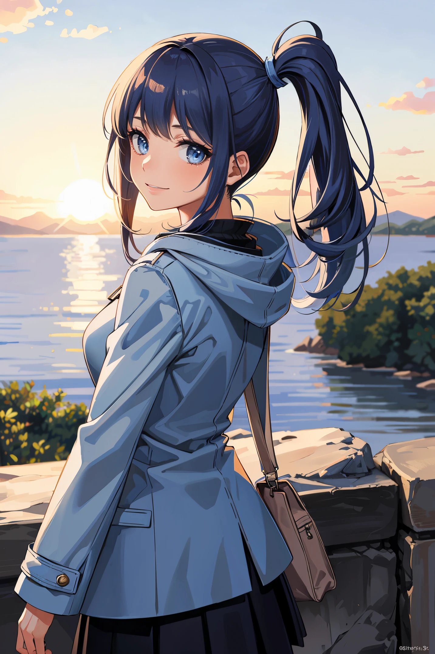 masterpiece:1.2, best quality, ((ultra detailed)), high resolution, 2d, anime style , photo, photography, detailed background, ((dark blue hair,side ponytail,light blue hair inner color,medium breasts))
BREAK
solo,(droopy eyes:1.3),20 years old, (,tall face, tall female)), ((blue eyes;1.2 )),smile,
BREAK 
from behind,((sunrise)),mountaintop,skirt,coat