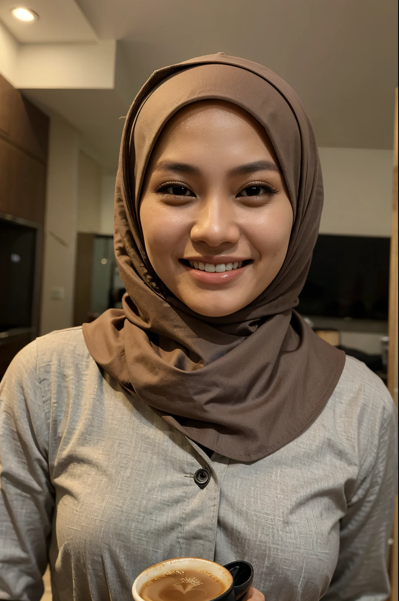 A malay woman, wearing hijab, smiling while holding a cup of coffee