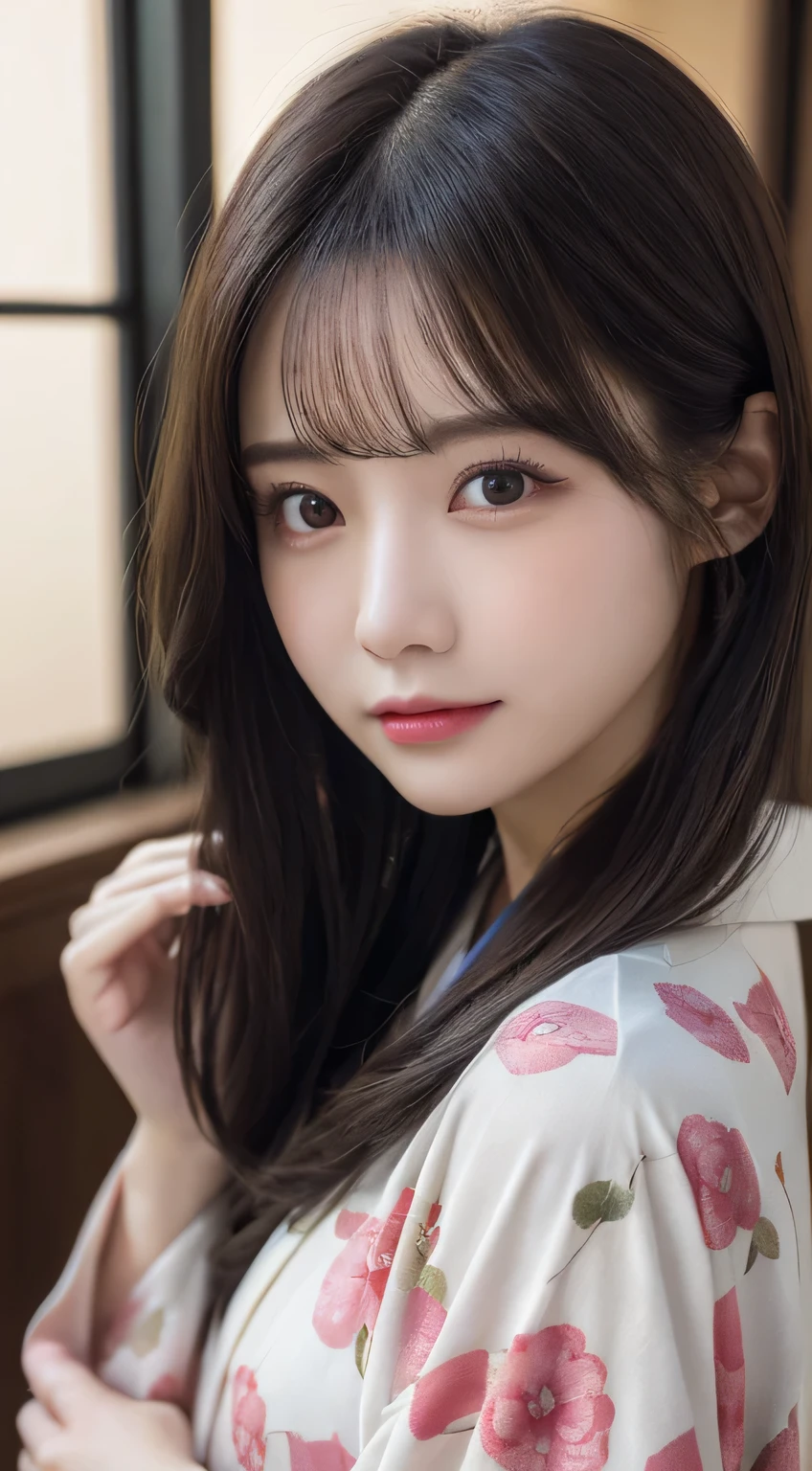 (Kimono,age19)、(top-quality,masterpiece:1.3,超A high resolution,),(ultra-detailliert,Caustics),(Photorealsitic:1.4,RAW shooting),Ultra-realistic capture,A highly detailed,high-definition16Kfor human skin、 Skin texture is natural、The skin looks healthy with an even tone、 Use natural light and color、 Anatomically correct、One Woman,japanes,,kawaii,A dark-haired,Middle hair,(depth of fields、chromatic abberation、Wide range of lighting、Natural Shading)