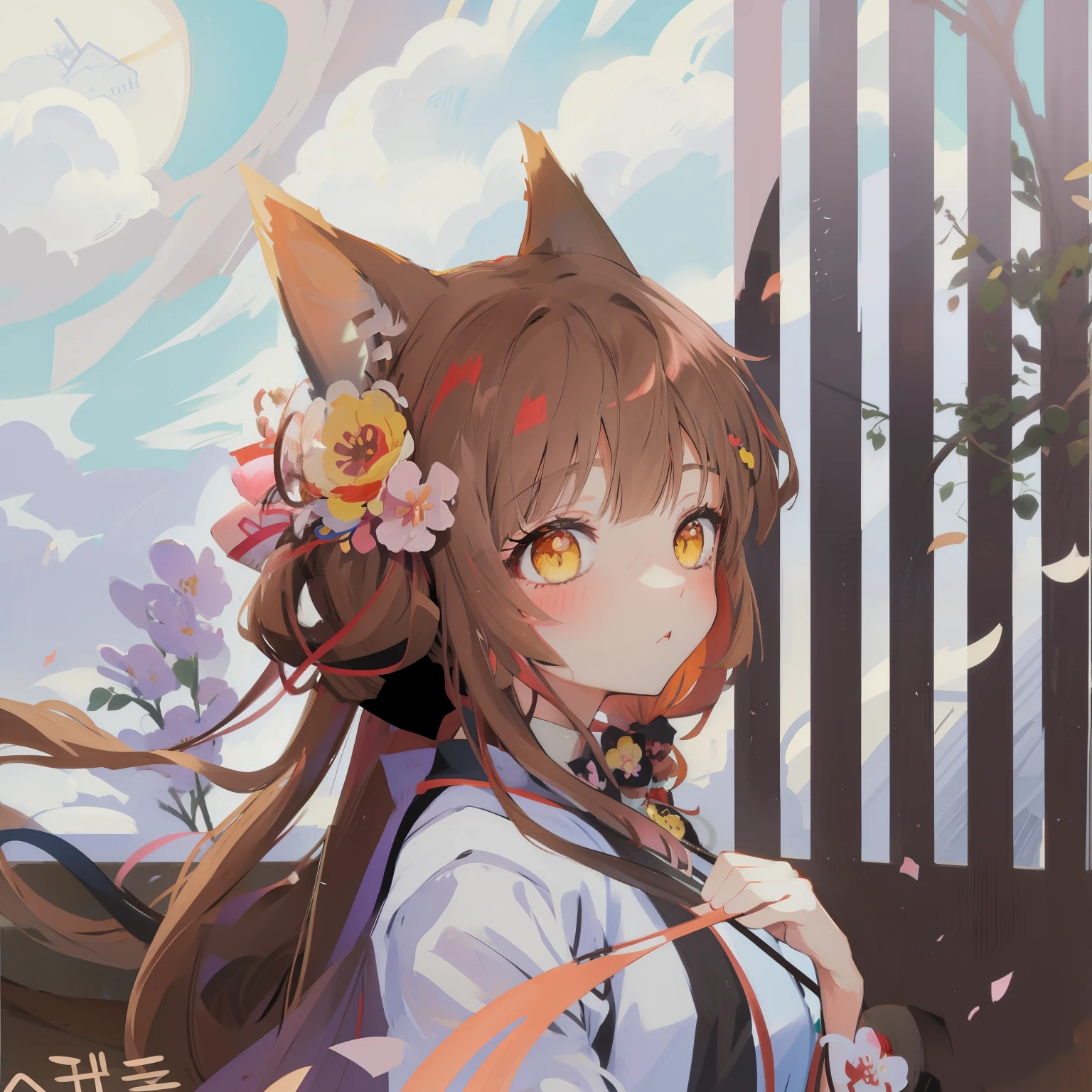 animemanga girl with long hair and a cat ears with flowers in her hair, beautiful anime catgirl, Anime style 4k, animemanga girl with cat ears, very beautiful anime cat girl, Anime cute art style, cute anime catgirl, anime catgirl, Holo is a wolf girl, (animemanga girl), anime cat, anime art style, a beautiful anime portrait