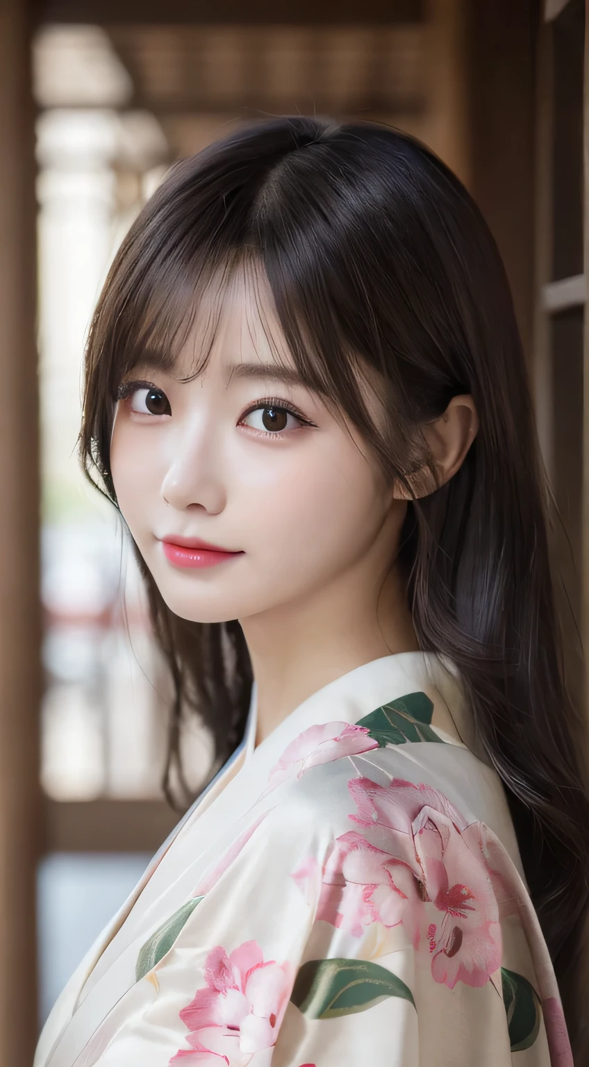 (Kimono,age19)、(top-quality,masterpiece:1.3,超A high resolution,),(ultra-detailliert,Caustics),(Photorealsitic:1.4,RAW shooting),Ultra-realistic capture,A highly detailed,high-definition16Kfor human skin、 Skin texture is natural、The skin looks healthy with an even tone、 Use natural light and color、 Anatomically correct、One Woman,japanes,,kawaii,A dark-haired,Middle hair,(depth of fields、chromatic abberation、Wide range of lighting、Natural Shading)