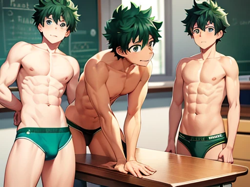(best quality) izuku midoriya, one anime boy, wearing green briefs underwear, from behind, turning his head to look at the viewer, he is bending over a classroom table, bending over, looking over his shoulder, looking back, expressive eyes, freckles, realistic body, perfect body, muscular, skinny, male briefs underwear