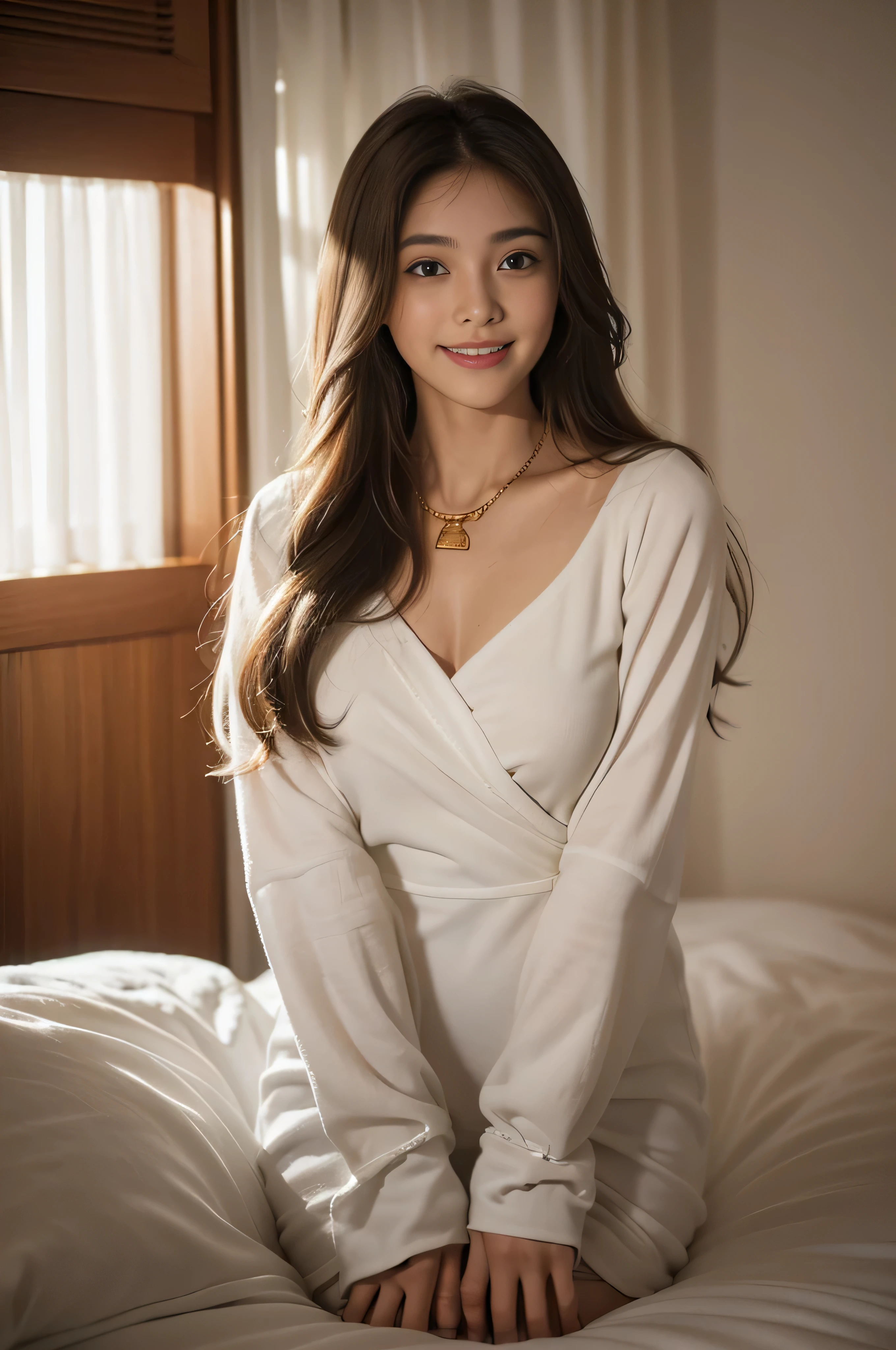 ((beautiful a girl:1.3)),((white super mini wrap dress＿deep curtains＿Thinly＿long-sleeve＿teats:1.4)),((brown super long hair＿It reaches up to the waist:1.2)),((loose and wavy hair:1.3)),((Gold necklace:1.2)),((at hotel's room:1.3))((Sitting in bed＿Random sexy poses＿I have my mouth wide open:1.3)) ((full of sweat:1.5))((with a flushed face:1.4)) ((Medium milk:1.4))Best Quality,masutepiece,超A high resolution,(Photorealistic:1.4),Raw photo,(Authentic skin texture:1.3),(Film grain:1.anorama,Character Portrait,Very Wide Shot,Narrow waist,Cowboy Shot,(In the Dark, deepshadow, lowkey, cold light,) Night,Streaming Tears,,Dust,Tindall Effect,(expression),1girl in,beautiful detailed eyes and face,White Jabot,Brown eyebrows:1.2)) ((Full body:1.3)) ((Smile:1.3))