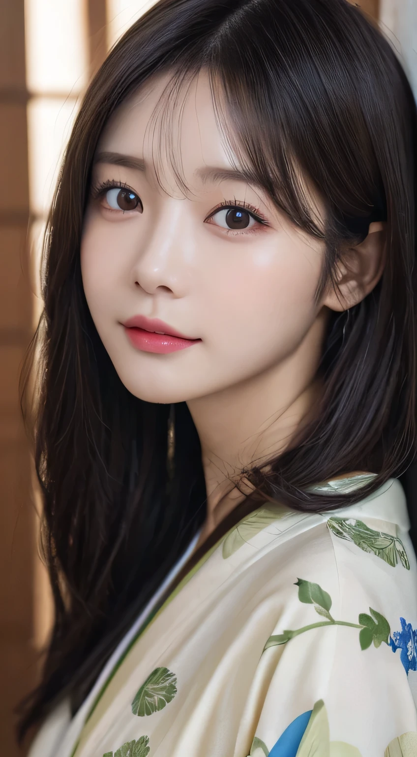 (Kimono,age19)、(top-quality,masterpiece:1.3,超A high resolution,),(ultra-detailliert,Caustics),(Photorealsitic:1.4,RAW shooting),Ultra-realistic capture,A highly detailed,high-definition16Kfor human skin、 Skin texture is natural、The skin looks healthy with an even tone、 Use natural light and color、 Anatomically correct、One Woman,japanes,,kawaii,A dark-haired,Middle hair,(depth of fields、chromatic abberation、Wide range of lighting、Natural Shading)