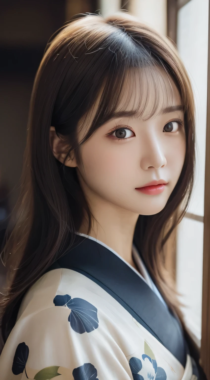 (Kimono,age19)、(top-quality,masterpiece:1.3,超A high resolution,),(ultra-detailliert,Caustics),(Photorealsitic:1.4,RAW shooting),Ultra-realistic capture,A highly detailed,high-definition16Kfor human skin、 Skin texture is natural、The skin looks healthy with an even tone、 Use natural light and color、 Anatomically correct、One Woman,japanes,,kawaii,A dark-haired,Middle hair,(depth of fields、chromatic abberation、Wide range of lighting、Natural Shading)