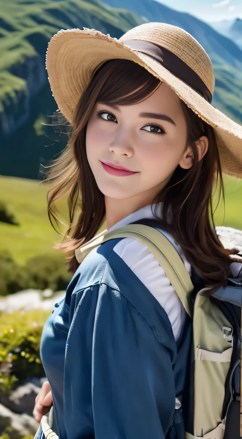 (A hyper-realistic), (hight resolution), (8K), (ighly detailed),  (beatiful detailed eyes), (top-quality), (ultra-detailliert), (​masterpiece), (A detailed face), softfocuace of emma watson、Colossal tits、japanes、mountaineering、Superb view、hiking、rucksack、Windbreaker、hat、A smile