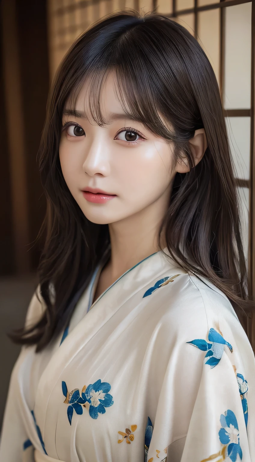 (Kimono,age19)、(top-quality,​masterpiece:1.3,超A high resolution,),(ultra-detailliert,Caustics),(Photorealsitic:1.4,RAW shooting),Ultra-realistic capture,A highly detailed,high-definition16Kfor human skin、 Skin texture is natural、The skin looks healthy with an even tone、 Use natural light and color、 Anatomically correct、One Woman,japanes,,kawaii,A dark-haired,Middle hair,(depth of fields、chromatic abberation、Wide range of lighting、Natural Shading)