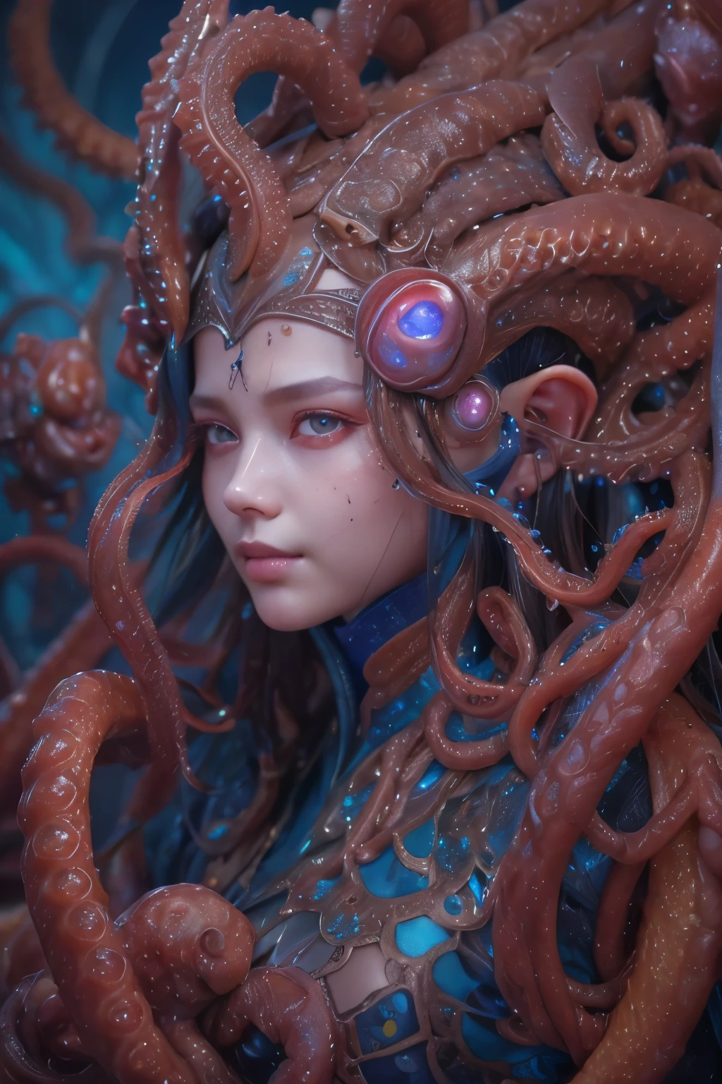 Portrait, (beautiful female alien:1.2), (she has red eyes with no pupils:1.8), (Translucent skin:1.7), (There is a female genital-like organ in the middle of the forehead:1.9), (The most beautiful face in the history of the universe:1.2),an evil gaze that seduces, (large mouth:1.1), (sharp teeth like a vampire:1.2), Full body like, (bio luminescent:1.5), (Smile wickedly:1.3), (sexypose:1.5), alien, No humans, cells are fused, (Lots of translucent tentacles:1.3) extraterrestrial, cell, bio image, Best Quality, 8K,4K_quality, High Definition, Dramatic Lighting, masutepiece:1.5,cinematic quality, detail up, (Intricate details:1.2), High resolution, High Definition, drawing faithfully, (Thick eyebrows:1.2), Beautiful eyes with fine symmetry,(Highly detailed face and eyes:1.2), Intimate face, (Super detailed skin quality feeling:1.4), Perfect Anatomy, (Beautiful toned body:1.5), (Moist skin:1.2), No makeup, (dark circles:1.1), long canines, cinematic drawing of characters, ultra high quality model, cinematic quality, detail up, (Intricate details:1.2), High resolution, High Definition, drawing faithfully, Official art, Unity 8K wall , 8K Portrait, Best Quality, Very High resolution, ultra detailed artistic photography, midnight aura, unreal enginee 5, Ultra Sharp Focus, art by alberto seveso, ArtGerm, Roisch, intricate artwork, best quality, masutepiece, ultra High resolution, (photos realistic:1.4), Ultra-realistic realism, dream-like, nautilus, Creation of fantasy, Snail, Dream Snail, biopunk nautilus, Thrilling color schemes, Ultra-realistic realism, seductively smiling, Blue tentacles,