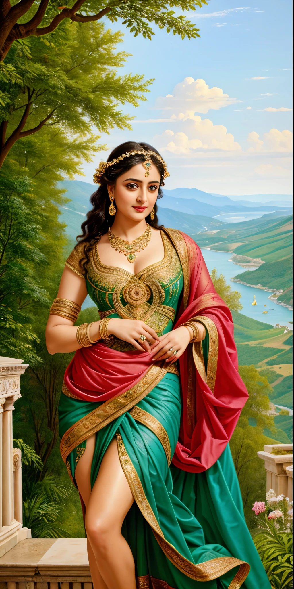 Looks like Anushka Shetty, Masterpiece, Best quality, high clarity eyes, beautifully styled hair, critically flawless,sharp picture, Full portrait, High pixels, perfect face, pierced eyes, beautiful face, perfect hands,perfect fingers, in Peter Paul Rubens style, by Peter Paul Rubens, baroque style, acrylic on canvas, highly detailed, description: "Create a nymph inspired by the tales of Greek or Roman mythology, embodying the essence of a natural element or location, and possessing a unique ability or trait that sets her apart."