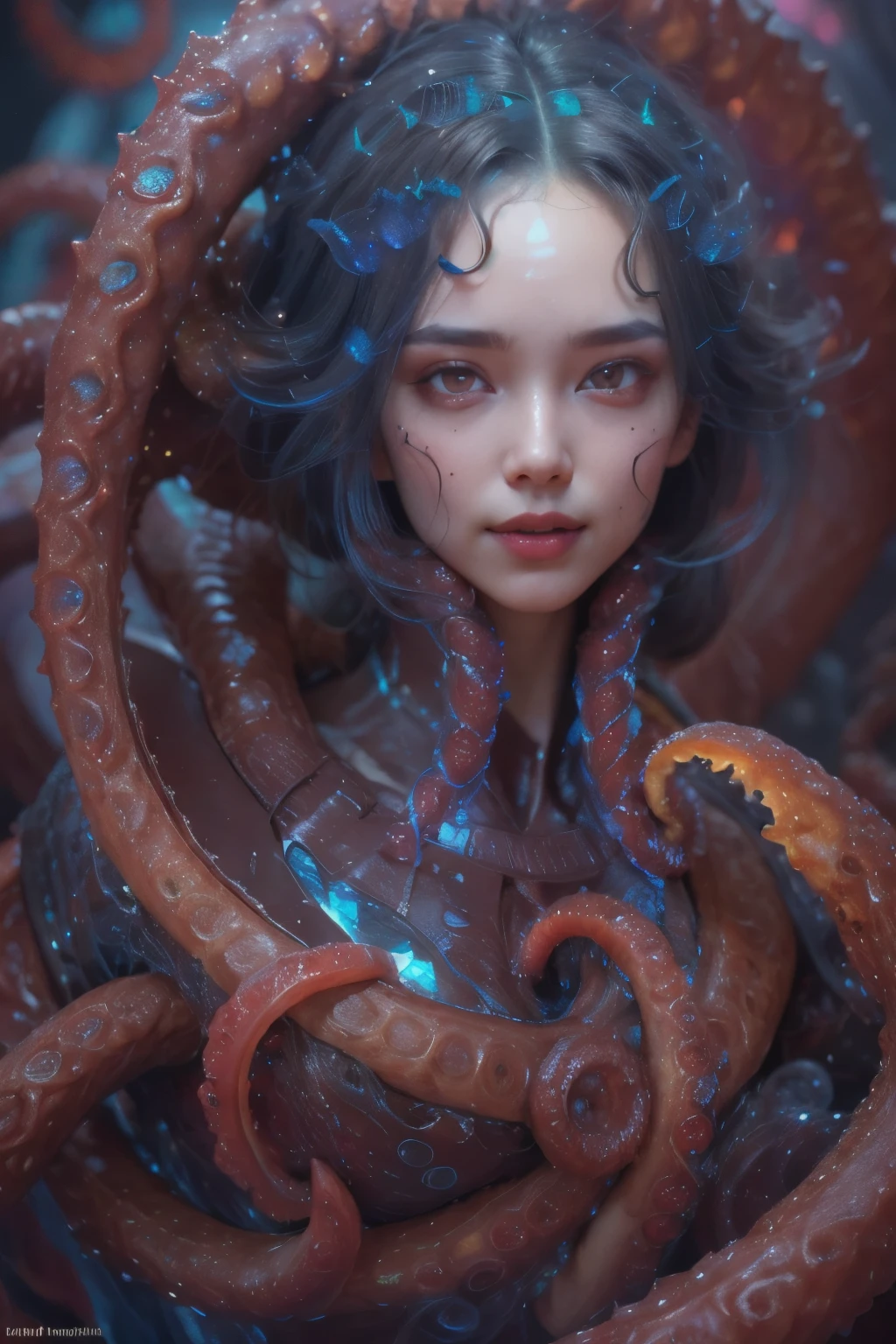 Portrait, (beautiful female alien:1.2),  (she has red eyes with no pupils:1.8), (Translucent skin:1.7),  (There is a female genital-like organ in the middle of the forehead:1.9), (The most beautiful face in the history of the universe:1.2),an evil gaze that seduces, (large mouth:1.1), (sharp teeth like a vampire:1.2), Full body like, (bio luminescent:1.5), (Smile wickedly:1.3),  (sexypose:1.5), alien, No humans, cells are fused, (Lots of translucent tentacles:1.3) extraterrestrial, cell, bio image, Best Quality, 8K,4K_quality, High Definition, Dramatic Lighting, masutepiece:1.5,cinematic quality, detail up, (Intricate details:1.2), High resolution, High Definition, drawing faithfully, (Thick eyebrows:1.2), Beautiful eyes with fine symmetry,(Highly detailed face and eyes:1.2), Intimate face, (Super detailed skin quality feeling:1.4), Perfect Anatomy,  (Beautiful toned body:1.5),  (Moist skin:1.2), No makeup, (dark circles:1.1), long canines, cinematic drawing of characters, ultra high quality model, cinematic quality, detail up, (Intricate details:1.2), High resolution, High Definition, drawing faithfully, Official art, Unity 8K wall  , 8K Portrait, Best Quality, Very High resolution, ultra detailed artistic photography, midnight aura,  unreal enginee 5, Ultra Sharp Focus, art by alberto seveso, ArtGerm, Roisch, intricate artwork, best quality, masutepiece, ultra High resolution, (photos realistic:1.4), Ultra-realistic realism, dream-like,  nautilus, Creation of fantasy, Snail, Dream Snail,  biopunk nautilus, Thrilling color schemes， Ultra-realistic realism， seductively smiling, Blue tentacles,