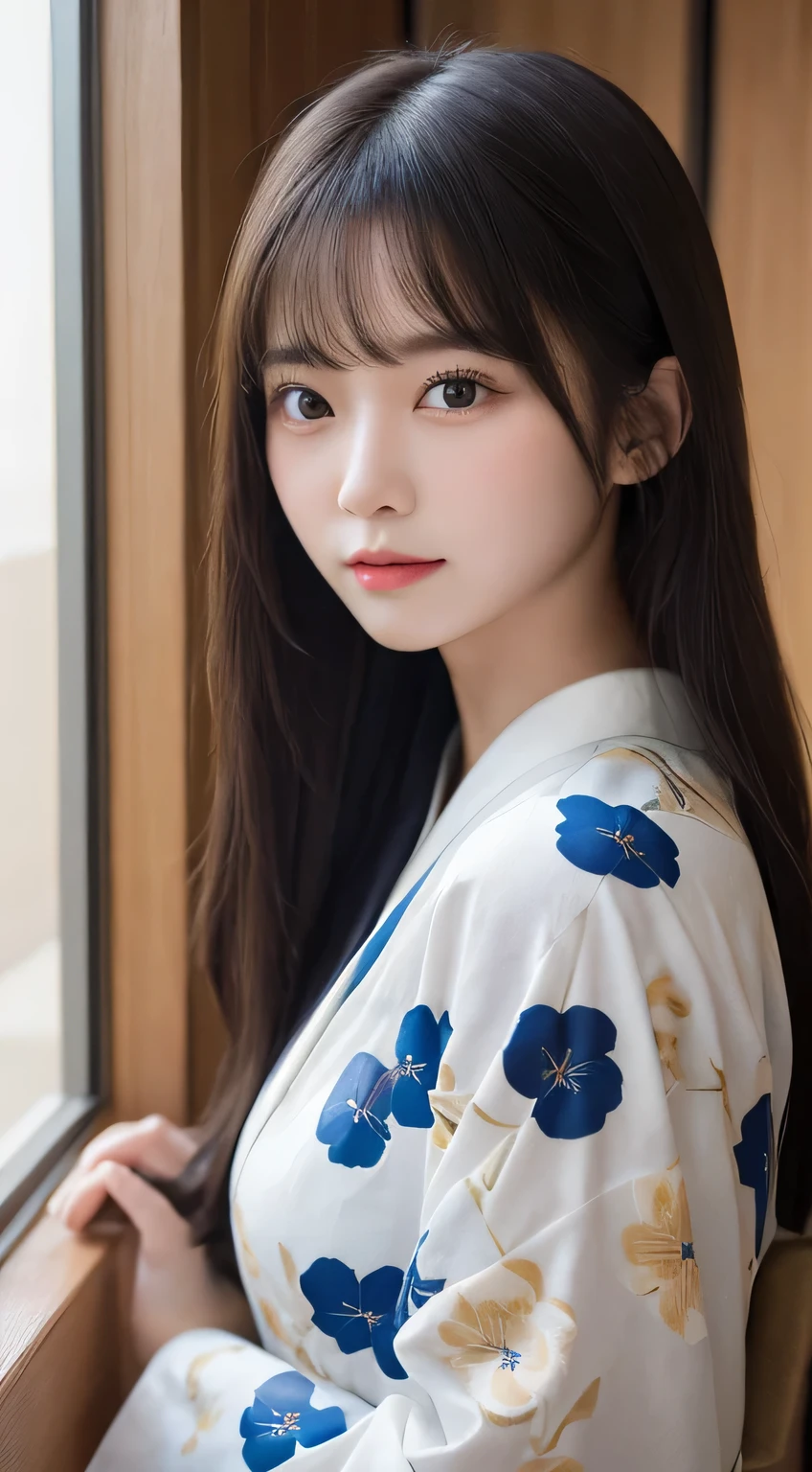 Tabletop、masterpiece、One Girl、Front view from the front、Japanese、Very young and pretty woman、(The cutest girl in the world)、17-year-old student、Makes your face smaller、Attractive person、Super cute face、Glossy Lips、Double eyelids on both eyes、 Natural Makeup、Long eyelashes、Black Hair、Asymmetrical Bangs、Center image、8k resolution、Advanced Details、Detailed hairstyle、Detailed face、Great cinema lighting、Vibrant、Ultra-realistic、Perfect limbs、Perfect Anatomy、Against the background of fireworks、Wearing a yukata with sleeves、View from the waist up、