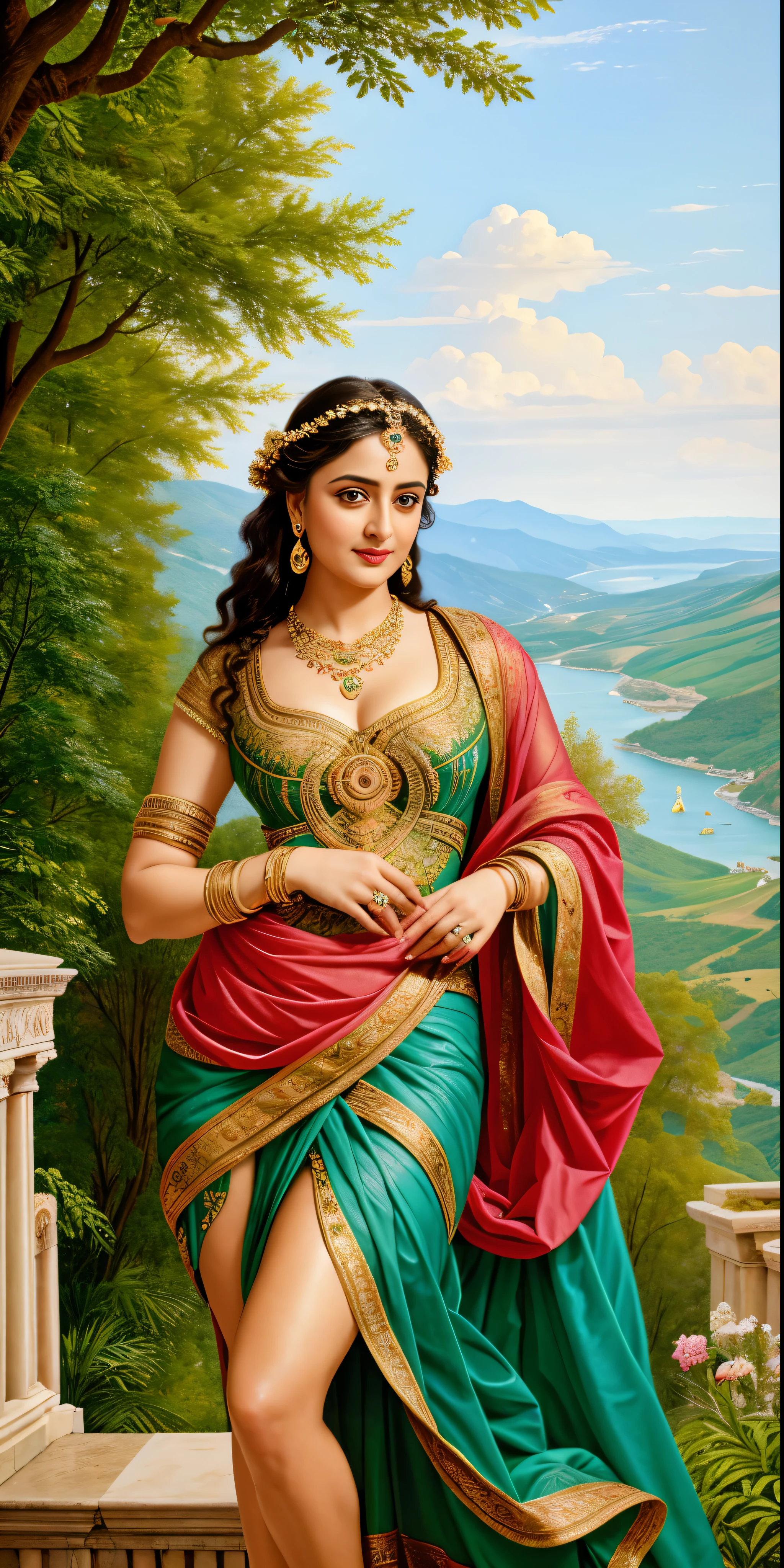 Looks like Anushka Shetty, Masterpiece, Best quality, high clarity eyes, beautifully styled hair, critically flawless,sharp picture, Full portrait, High pixels, perfect face, pierced eyes, beautiful face, perfect hands,perfect fingers, in Peter Paul Rubens style, by Peter Paul Rubens, baroque style, acrylic on canvas, highly detailed, description: "Create a nymph inspired by the tales of Greek or Roman mythology, embodying the essence of a natural element or location, and possessing a unique ability or trait that sets her apart."