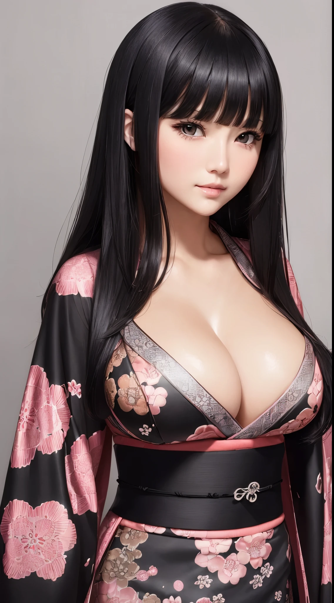((Best Quality)), ((masutepiece)), (Detailed), (highlight), Perfect face、Young girl with detailed face showing 、Long, thick, glossy, beautiful black hair with blunt bangs、Single-color background、standing wearing a patterned kimono、